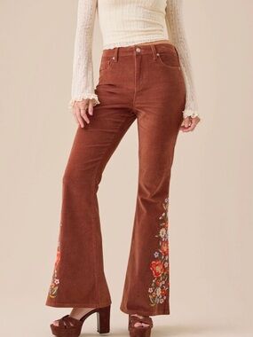 Altar'd State Rust Corduroy Flare Pants with Floral Embroidery size 30